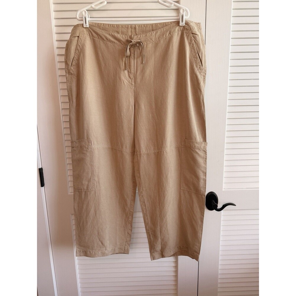 Eileen Fisher XL Tencel Linen Cropped Cargo Pants Khaki Drawstring NWT MSRP $298